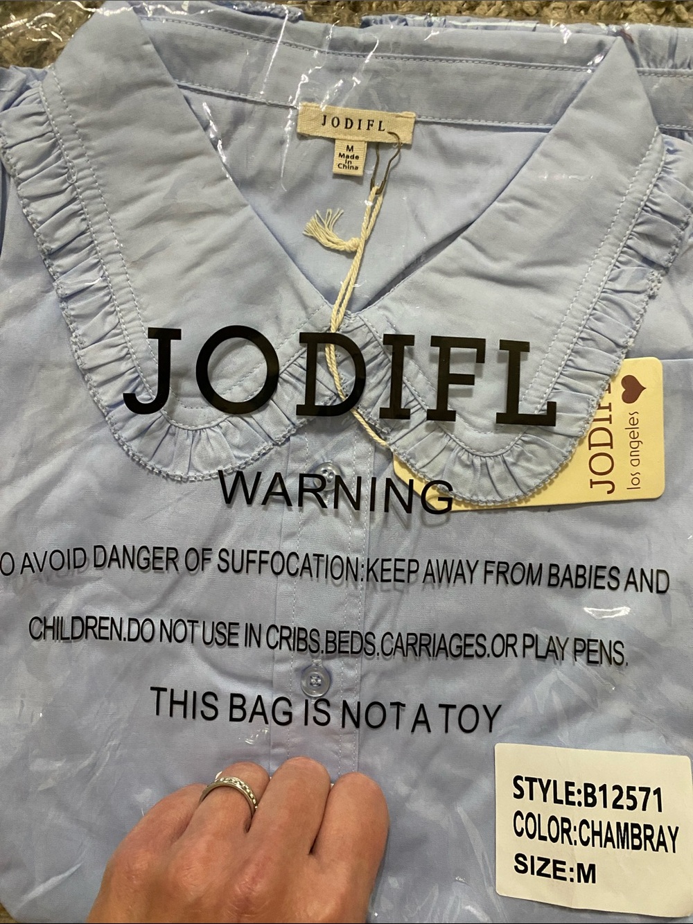 JODIFL Ruffled Peter Pan Collar Full button down! Color:Chambray/ Light Blue
